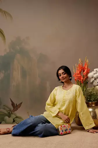 Hand embroidered yellow cotton lucknowi chikankari short kurti