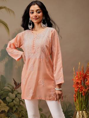 Hand embroidered peach cotton lucknowi chikankari short kurti 1