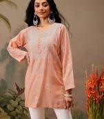 Hand embroidered peach cotton lucknowi chikankari short kurti