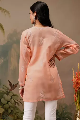 Hand embroidered peach cotton lucknowi chikankari short kurti