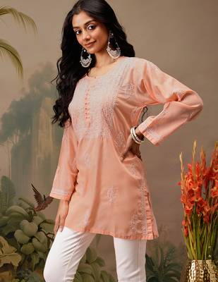 Hand embroidered peach cotton lucknowi chikankari short kurti 3