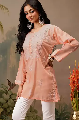 Hand embroidered peach cotton lucknowi chikankari short kurti