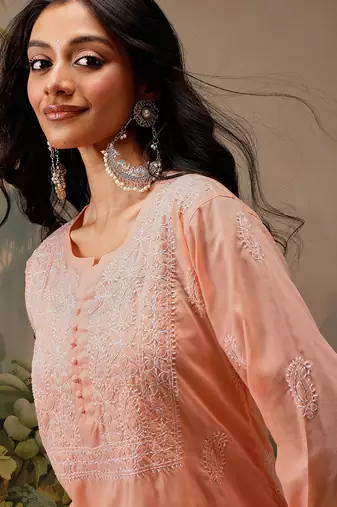 Hand embroidered peach cotton lucknowi chikankari short kurti