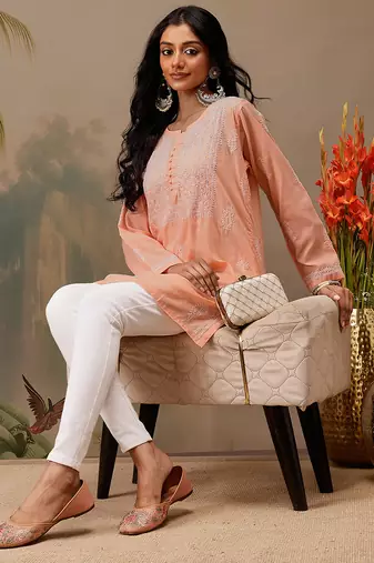Hand embroidered peach cotton lucknowi chikankari short kurti