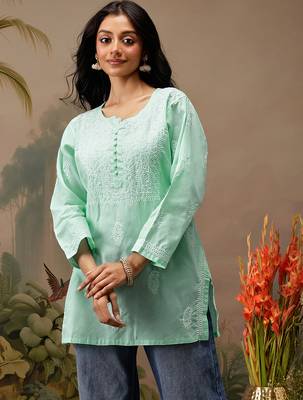 Hand embroidered sea green cotton lucknowi chikankari short kurti 1