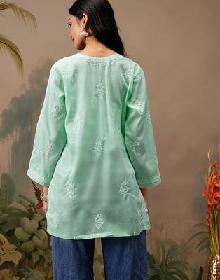 Hand embroidered sea green cotton lucknowi chikankari short kurti 2