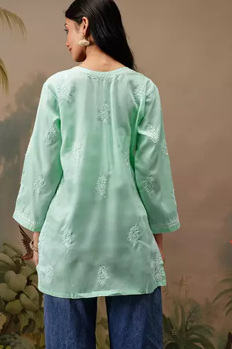Hand embroidered sea green cotton lucknowi chikankari short kurti