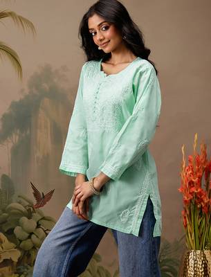 Hand embroidered sea green cotton lucknowi chikankari short kurti 3