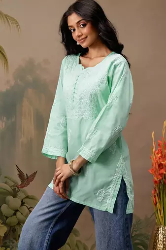 Hand embroidered sea green cotton lucknowi chikankari short kurti
