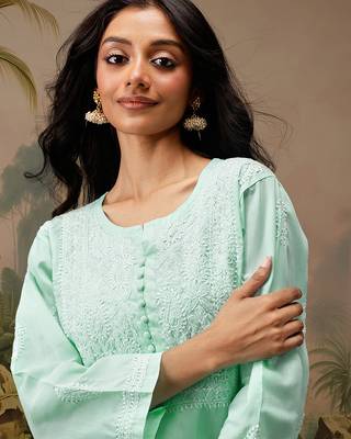 Hand embroidered sea green cotton lucknowi chikankari short kurti 4