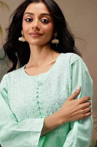 Hand embroidered sea green cotton lucknowi chikankari short kurti