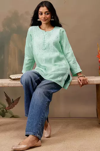 Hand embroidered sea green cotton lucknowi chikankari short kurti