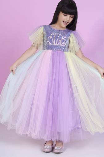 Multicolor pearl embriodery net party gown