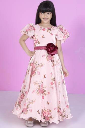 Peach floral print organza party gown