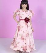 Peach floral print organza party gown