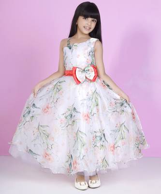 Offwhite floral print with floral bow organza party gown 1