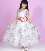 Offwhite floral print with floral bow organza party gown