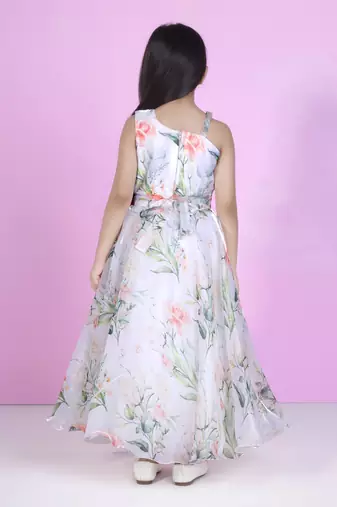 Offwhite floral print with floral bow organza party gown