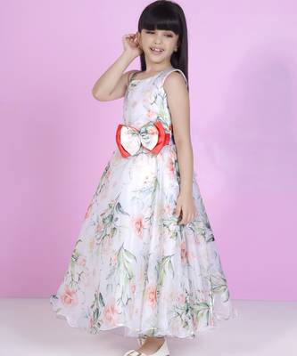 Offwhite floral print with floral bow organza party gown 3