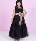 Black solid with sequence bow net party gown