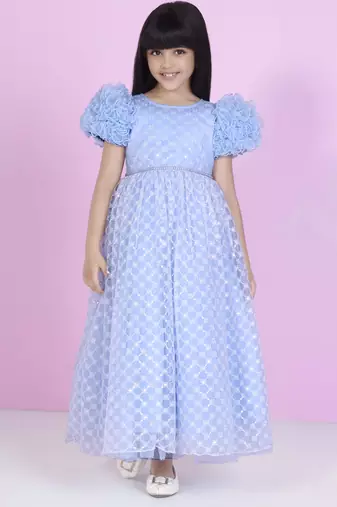 Blue all over embriodery net party gown