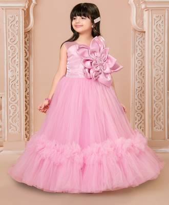 Pink floral applique net party gown 1