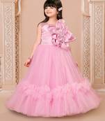 Pink floral applique net party gown