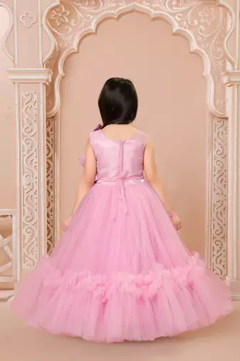Pink floral applique net party gown