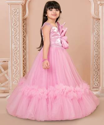 Pink floral applique net party gown 3