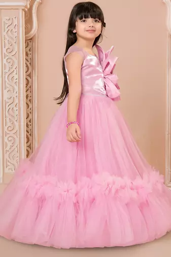 Pink floral applique net party gown