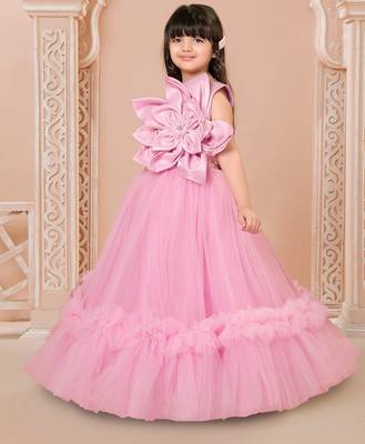 Pink floral applique net party gown 4