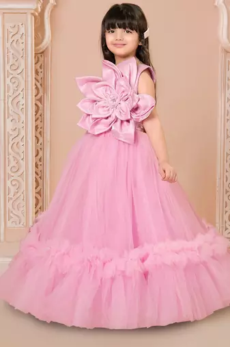 Pink floral applique net party gown