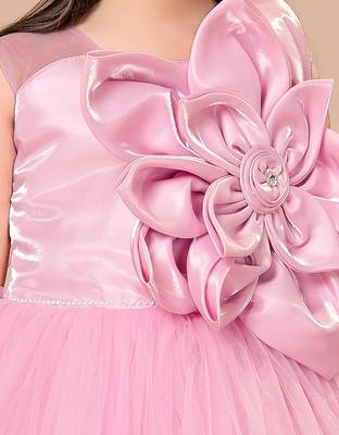 Pink floral applique net party gown 5