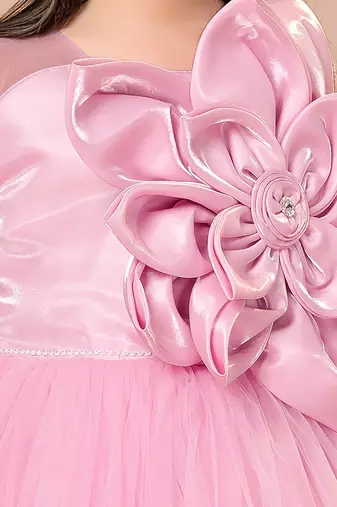 Pink floral applique net party gown