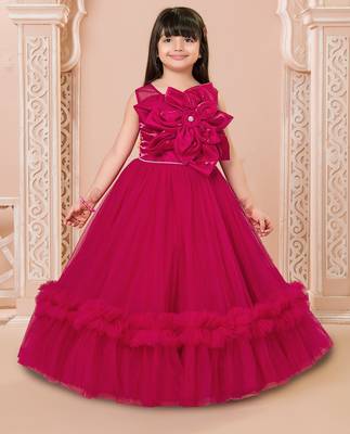 Crimson red floral applique net party gown 1