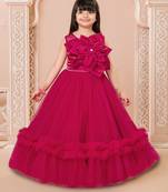 Crimson red floral applique net party gown