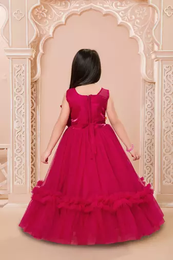 Crimson red floral applique net party gown