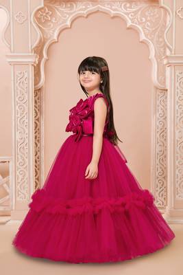 Crimson red floral applique net party gown 3