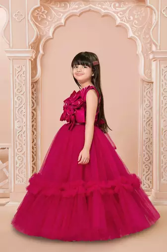 Crimson red floral applique net party gown