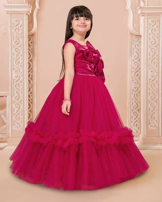 Crimson red floral applique net party gown 4
