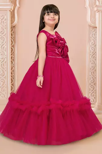 Crimson red floral applique net party gown