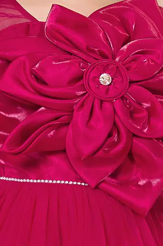 Crimson red floral applique net party gown