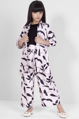 Beige printed muslin shrug with t-shirt and full pant sets