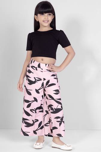 Onion pink printed muslin solid crop t-shirt and full pant sets