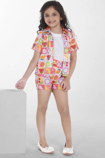 Orange printed cotton shirt with solid t-shirt and shorts sets