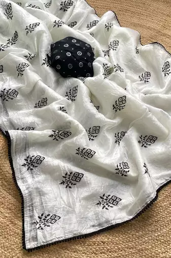 White crush saree with black thread butti embroidery