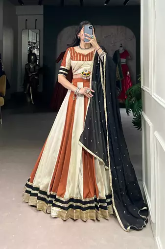 Full Stitch Rust Orange & Ivory Chinon Panelled Lehenga with Sequin Lace & Black Dupatta     With Blouse for Navratri
