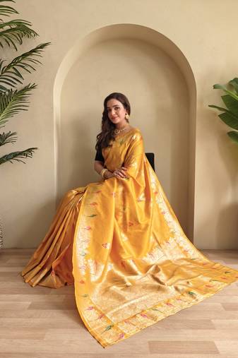 Yellow silk blend zari banarasi weaving saree with Blouse