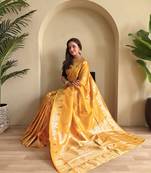 Yellow silk blend zari banarasi weaving saree with Blouse