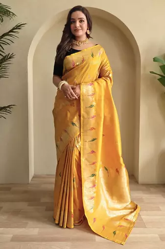 Yellow silk blend zari banarasi weaving saree with Blouse